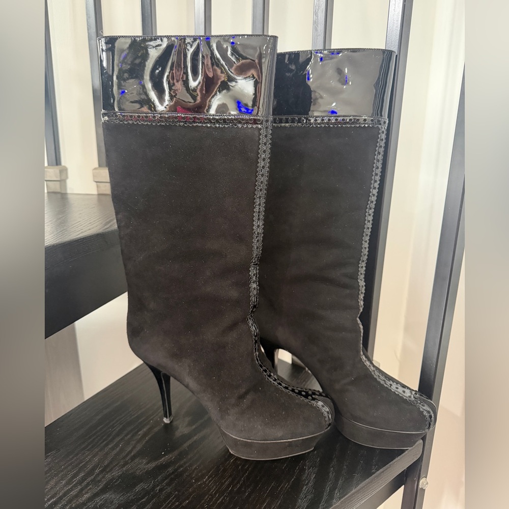 YSL Tribute 75 Suede & Patent Platform Boots Black 38